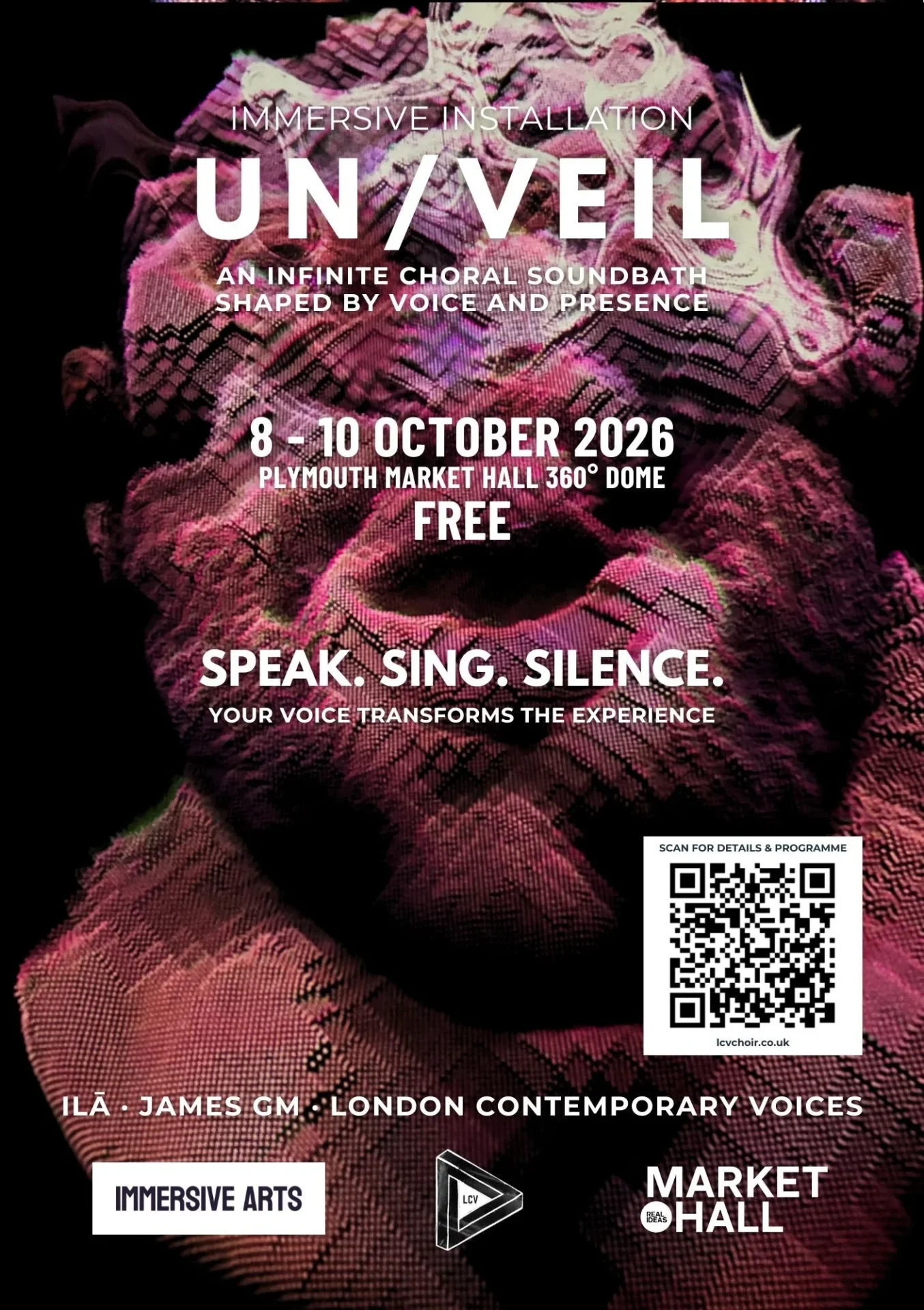 Poster for UN/VEIL, an Expand project offering workshops at Devonport 360 immersive dome on 7, 8, 9 October 2026