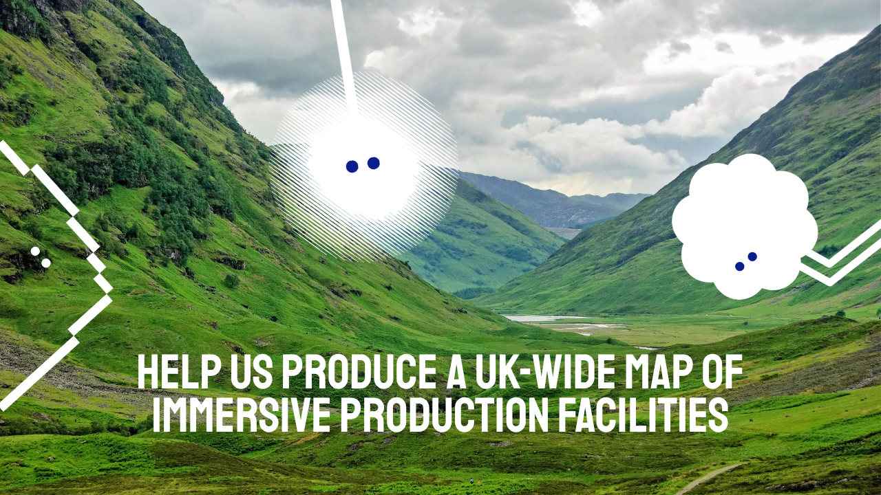 A serene green valley under a cloudy sky features abstract graphic overlays and text: 