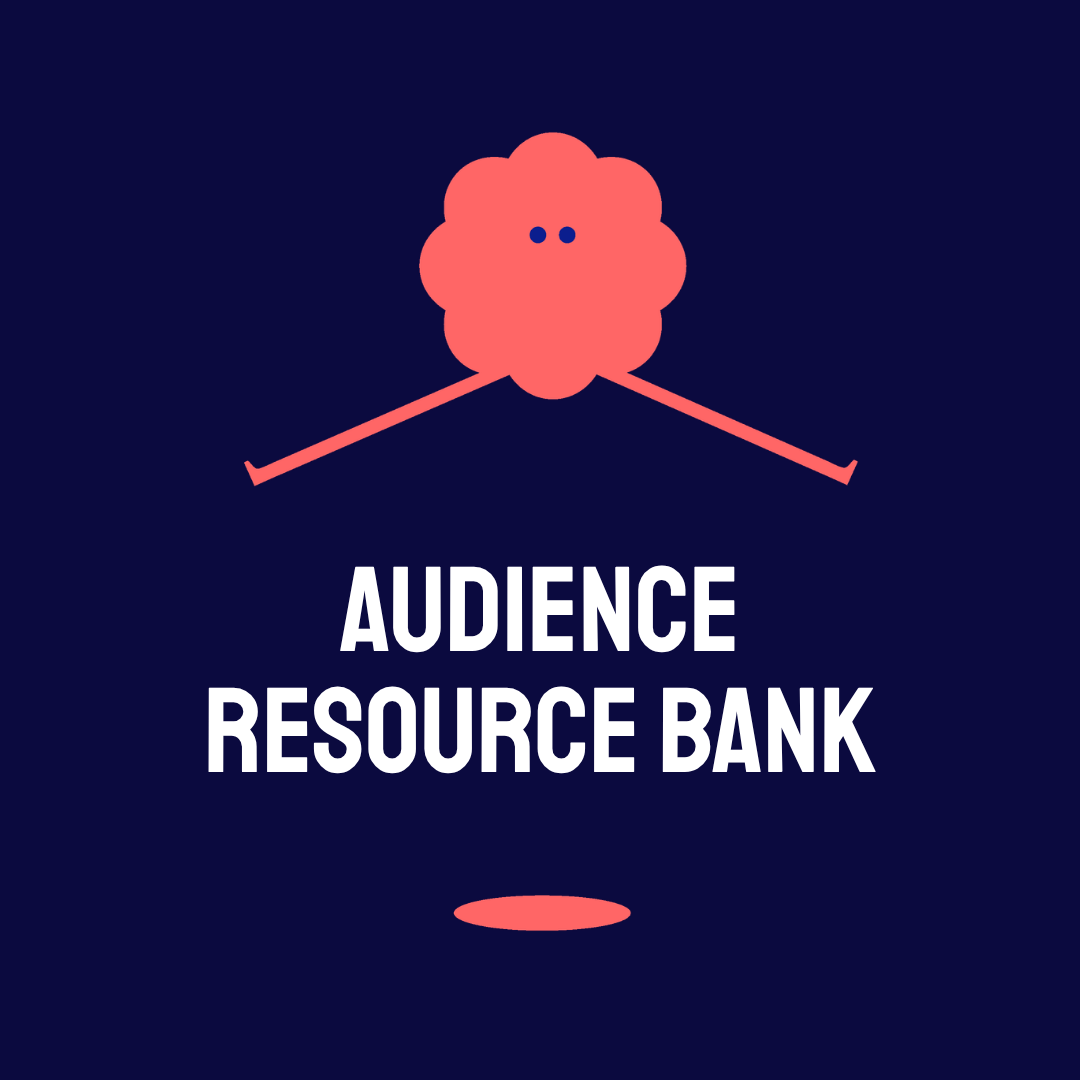 Graphic with a coral flower-like icon and crossed lines above bold white text reading “AUDIENCE RESOURCE BANK” on a dark navy background.