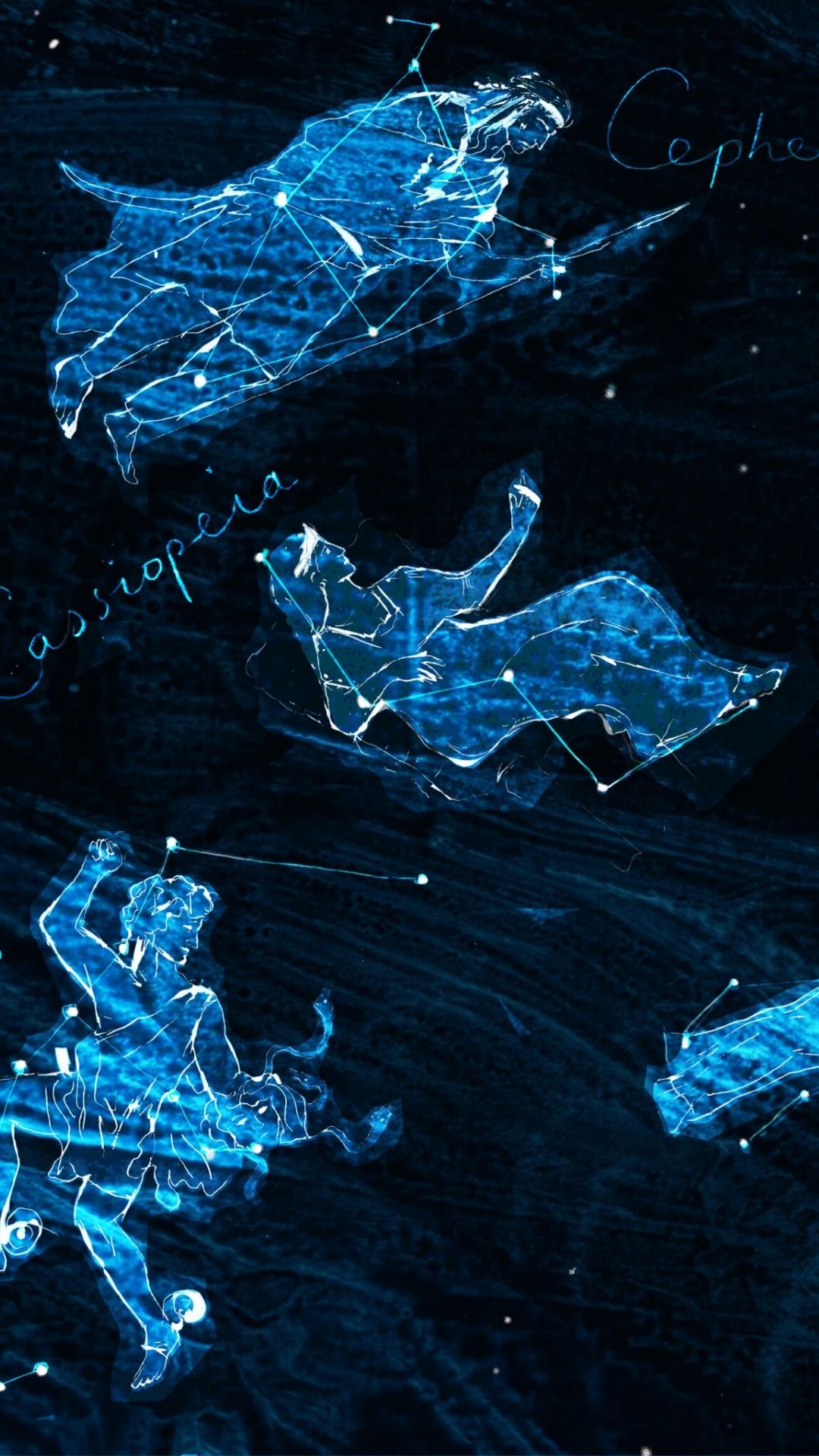 Illustrated constellations in blue depict Cepheus, Cassiopeia, and another figure. Stars connect the figures, set against a dark, celestial background.