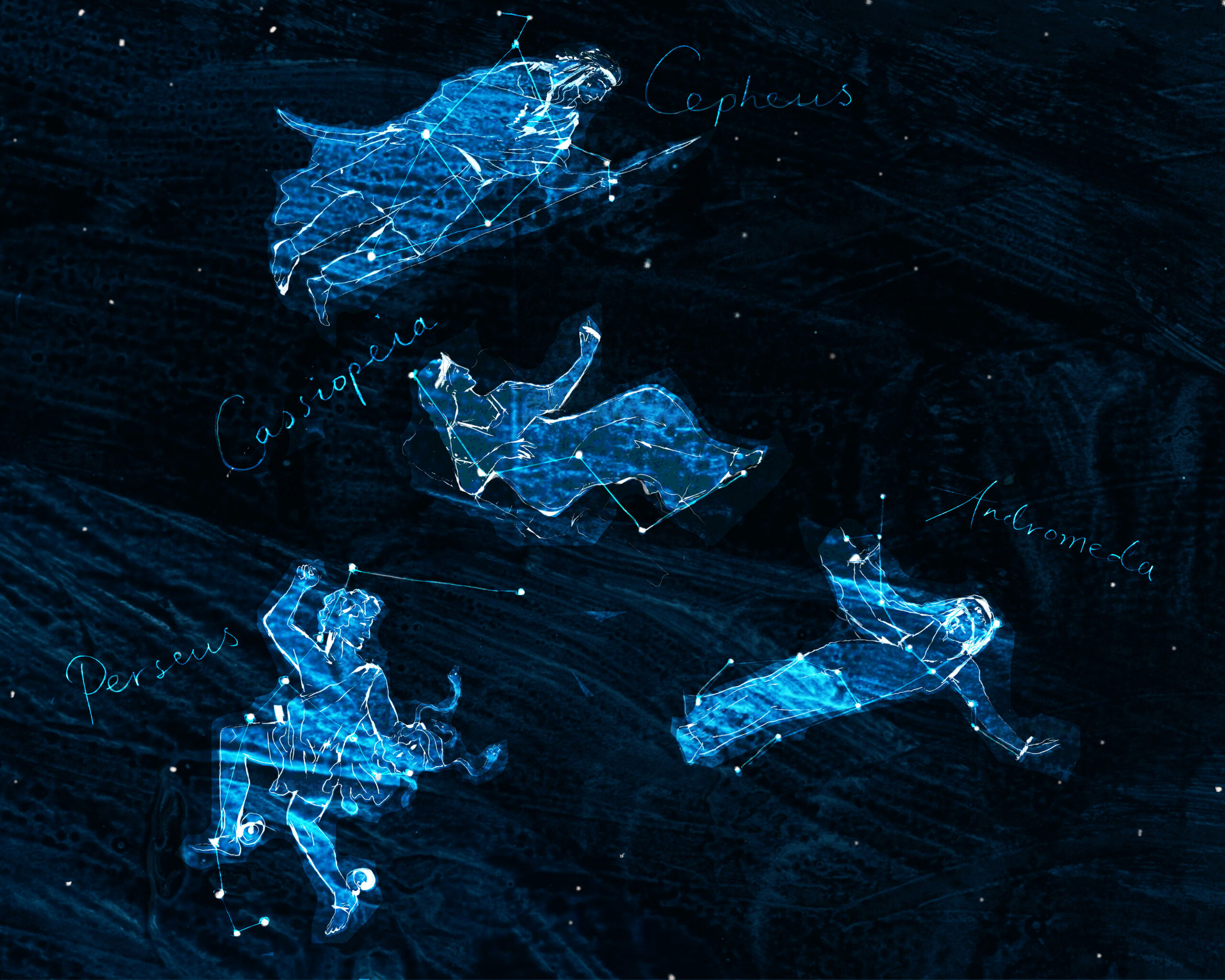 Illustrated constellations in blue depict Cepheus, Cassiopeia, and another figure. Stars connect the figures, set against a dark, celestial background.