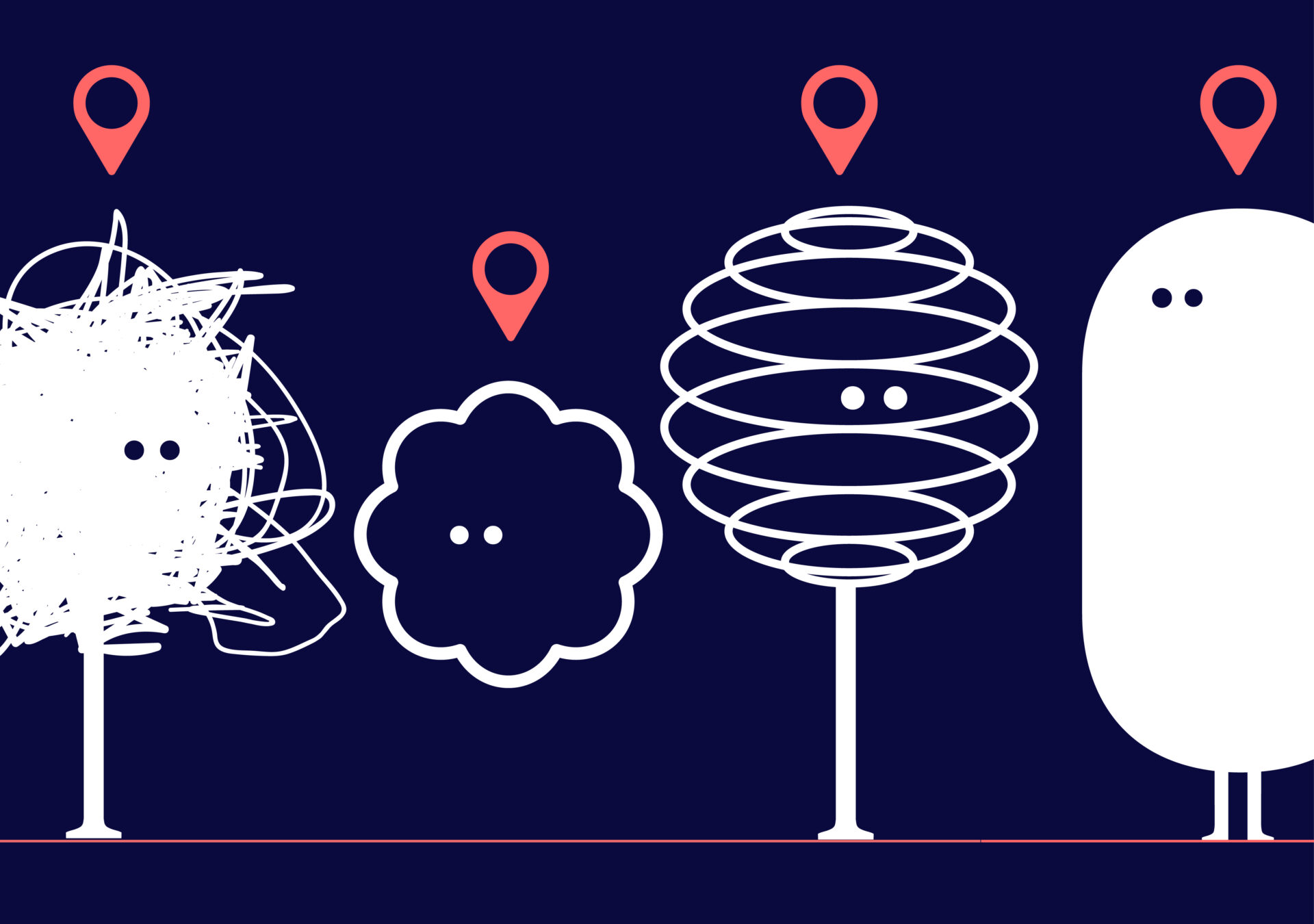 Four playful playful white characters with red map pins, on a dark navy background.
